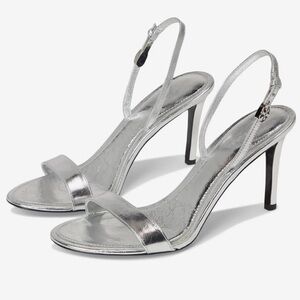 NEW Tory Burch Double T Buckle Heel Sandals 85mm in Shiny Silver